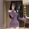 Temperament celebrity royal sister summer off-shoulder lace slim-fitting hip skirt one-word shoulder purple loungewear women 9583