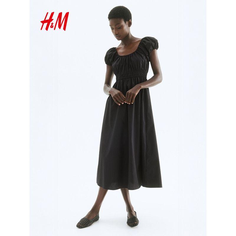 

Женское платье HM 2025 Лето Новинка С открытыми плечами Поплин Праздничный стиль Принт океана Длинное платье 1275762 Black 175/116(XL)