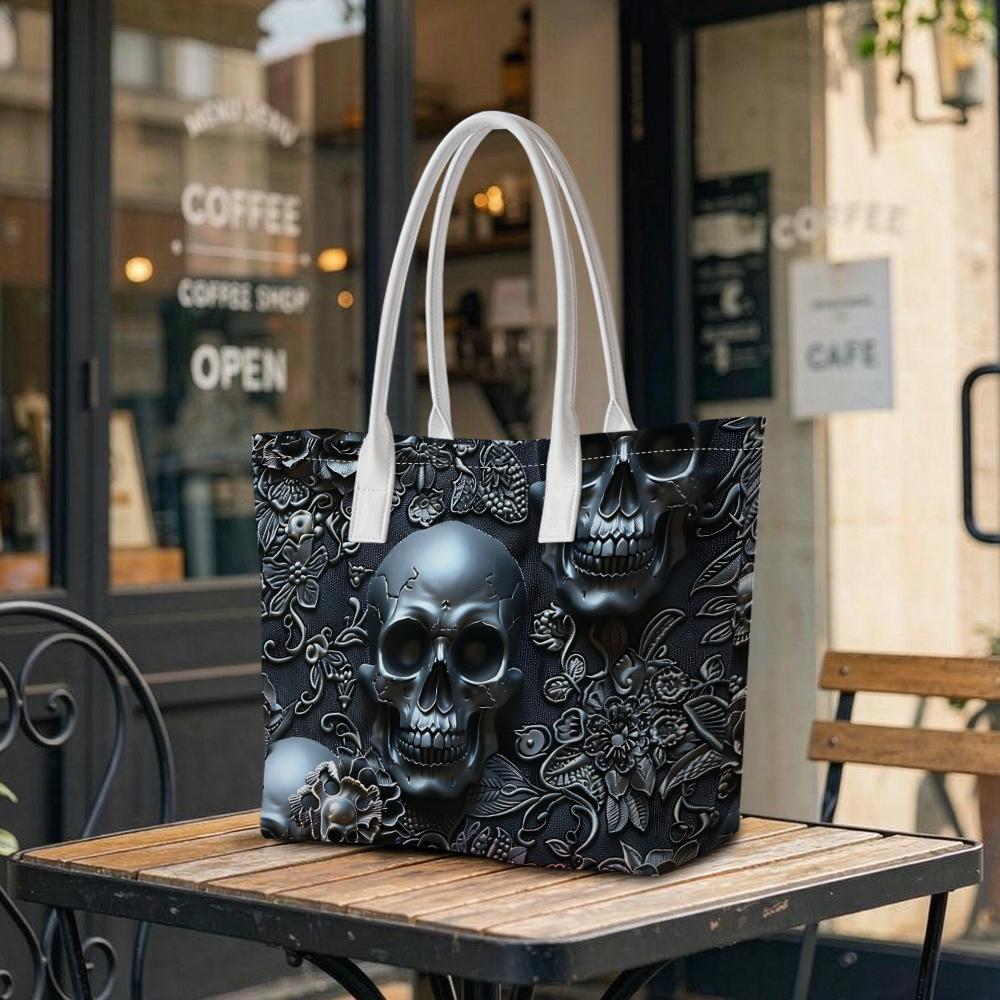 Gothic Skull Pattern Tote Bag Trendy Dark Style Daily Handbag Fashion Casual Large Capacity Purse