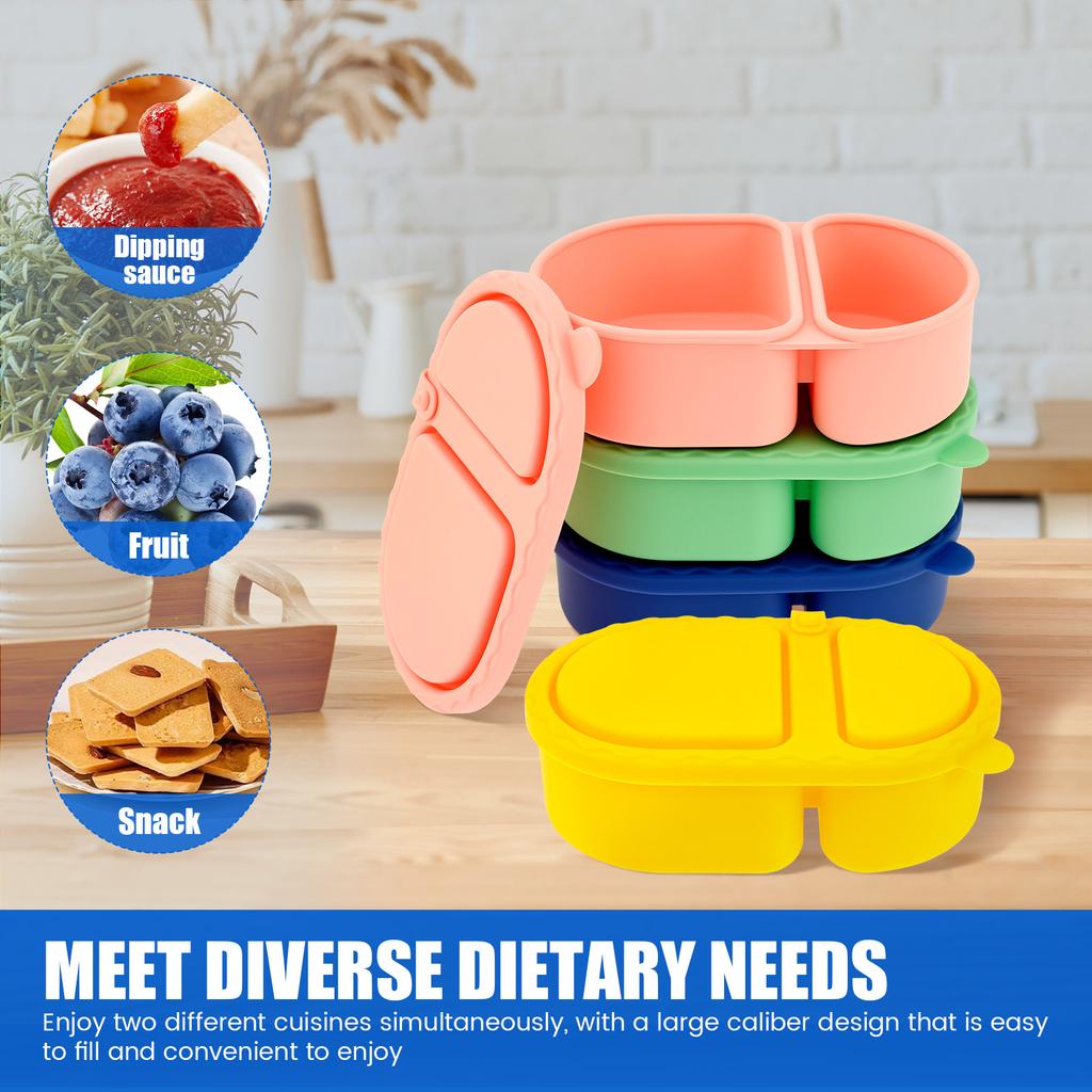 4 Pcs Snack Container Silicone Double Compartment Sauce Container with Lid Collapsible Food Storage Containers Kitchen Accessory