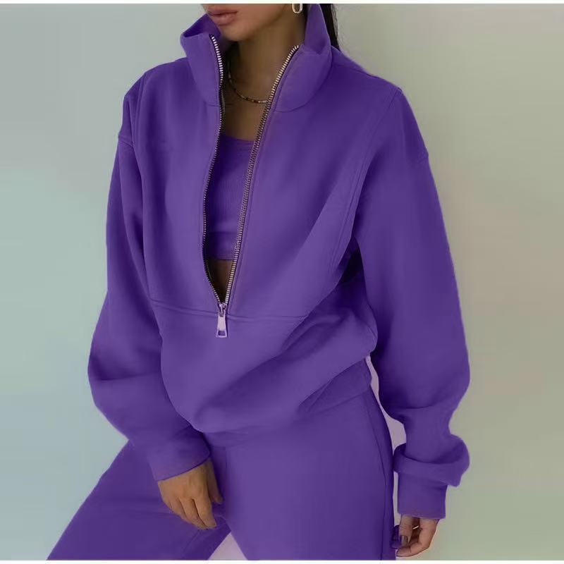 

Женский топ с высоким воротником, на молнии до середины, с узлом, эластичной талией и широкие брюки-джоггеры, комплект спортивной одежды 5XL фиолетовый