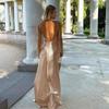 Fall Long Dress Women's Socialite Style Sexy V-neck Backless Satin Halter Dress