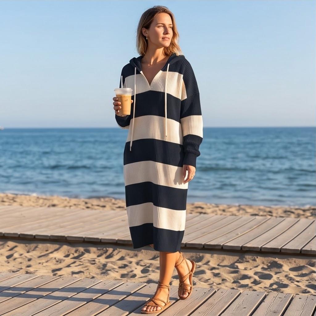 Women's Striped Hooded Sweater Dress Casual for Everyday Wear