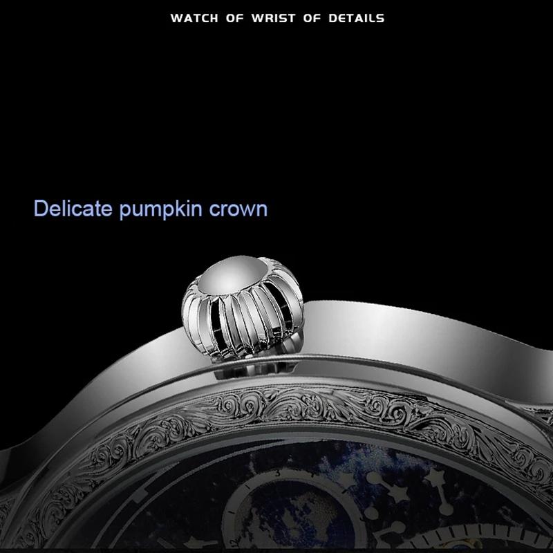 Men's Mechanical Automatic Business Wristwatch Tourbillon Hollow Fashion New Sport Waterproof Luminous Moon Phase Clock