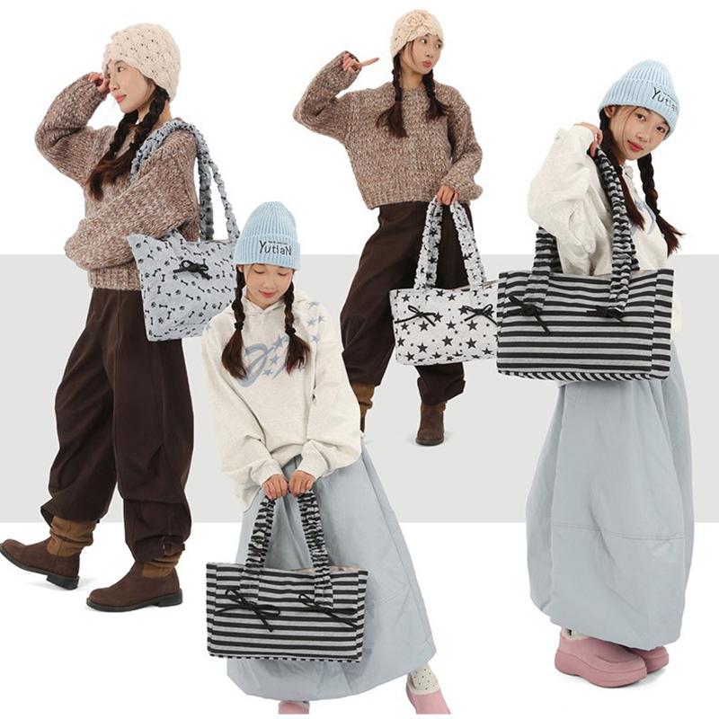 Striped & Polka Dot & Star Print Tote Bag With Bow Design Large Capacity Casual Shoulder Bag Lightweight Daily Commute Handbag