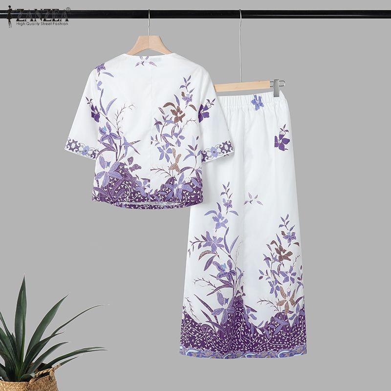 ZANZEA Women Half Sleeve Blouse and Midi Skirts Retro Print Casual Two Piece Suit Sets