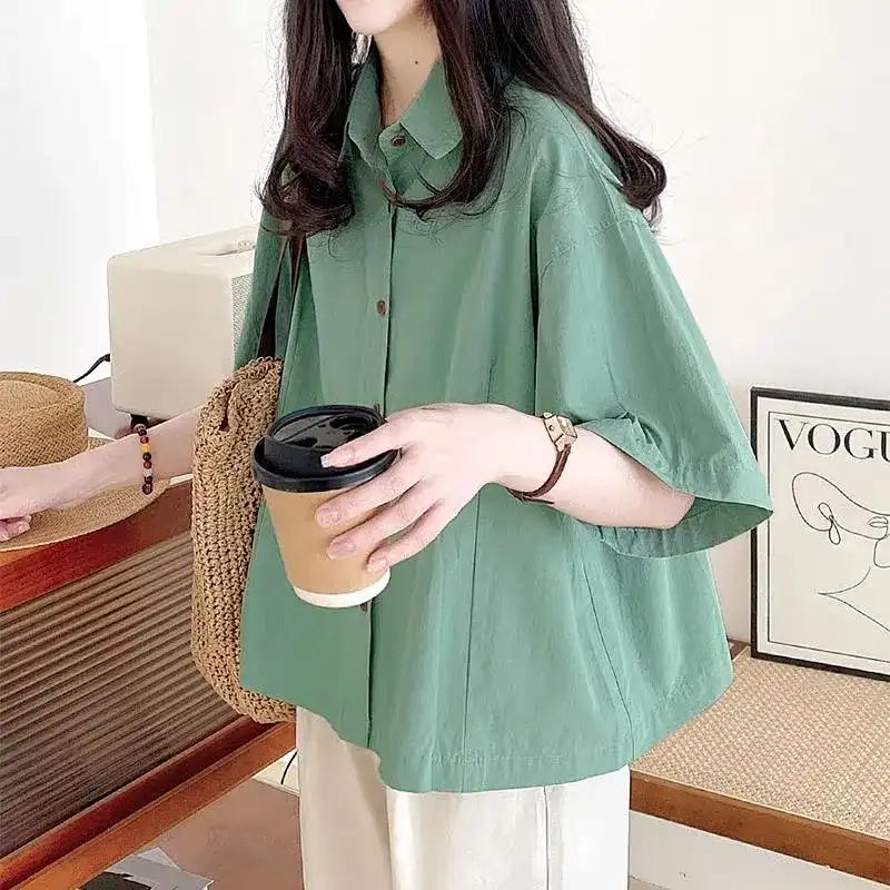 Women Summer Cotton Linen Oversized Half Sleeve Button Down Casual Blouse M