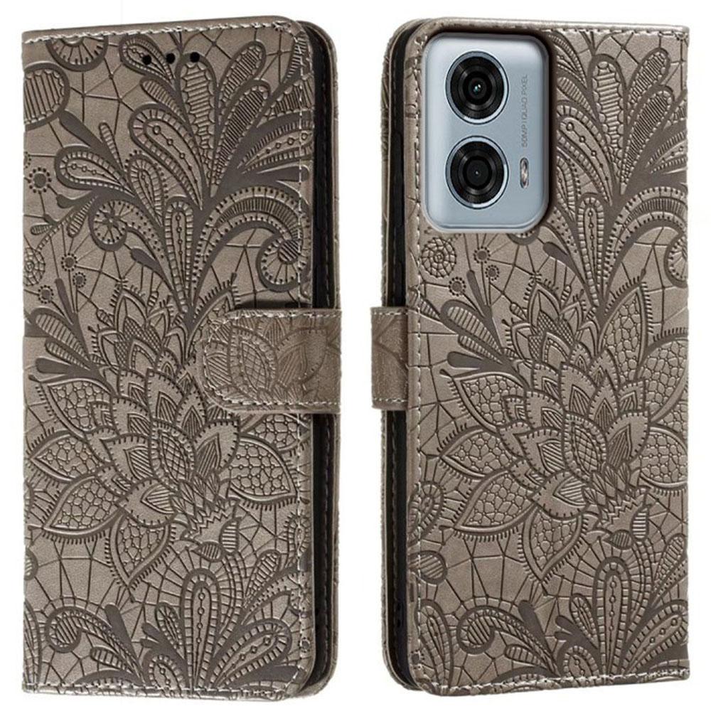 

For Motorola Moto G24 Power Case Lace Flowers PU Leather Flip Wallet Phone Cover Grey