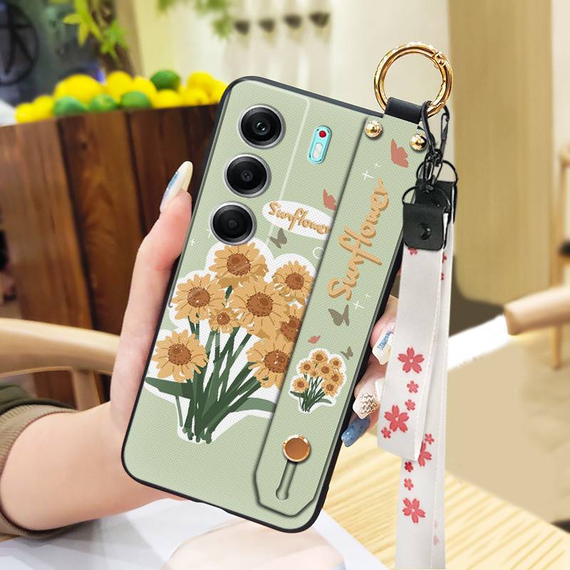 Durable Lanyard Phone Case For Tecno Camon40 Pro 4G/5G/CM6/CM7 Waterproof Back Cover Oil Painting Ring Silicone Flower
