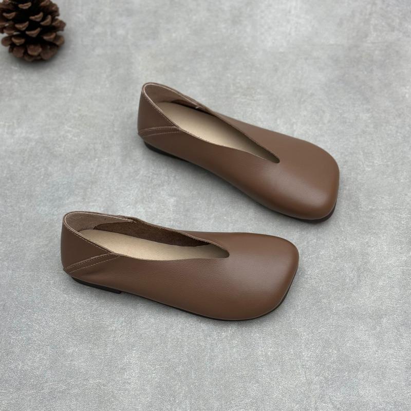 Spring new literary and handmade leather single shoes women's retro cotton and linen square head flat bottom casual one-pedal women's shoes