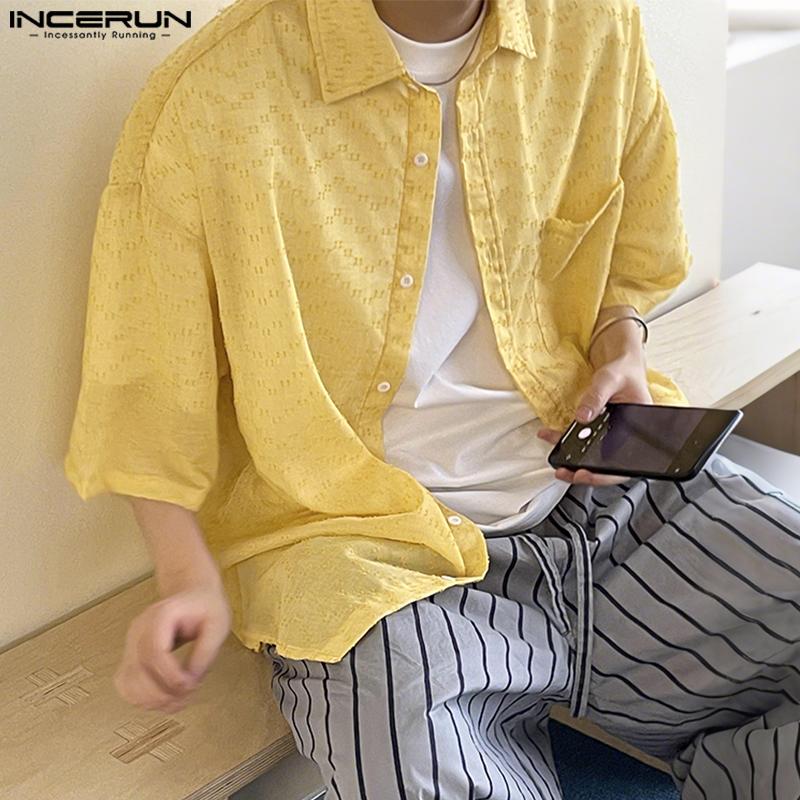INCERUN Oversized Men Summer Lapel Neck Short Sleeve Buttons Print Casual Loose Shirts