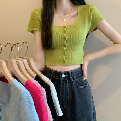 Sommer Neu Süß und Würzig Quadratischer Kragen Einreihig Bauchnabel Kurz Kurzarm Strickware mit T-Shirt Top Damen