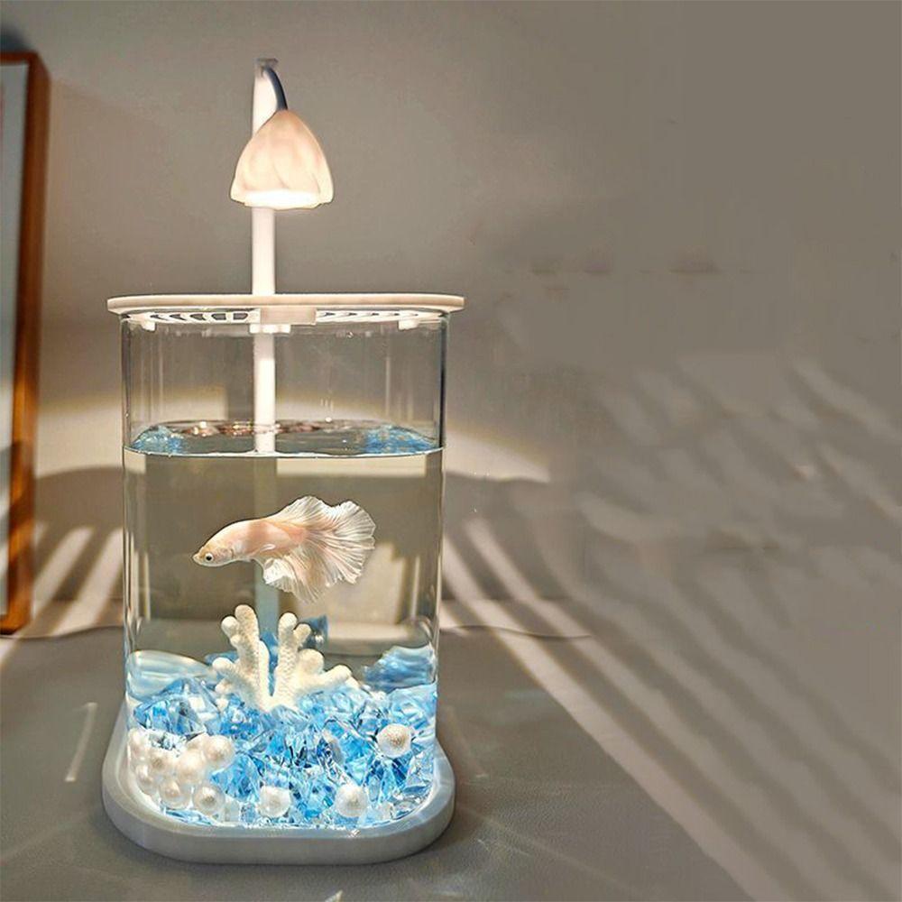 High Transparency Acrylic Landscape Fish Tank Shatterproof with Lid Mini Desktop Fish Tank LED Light Fishbowl