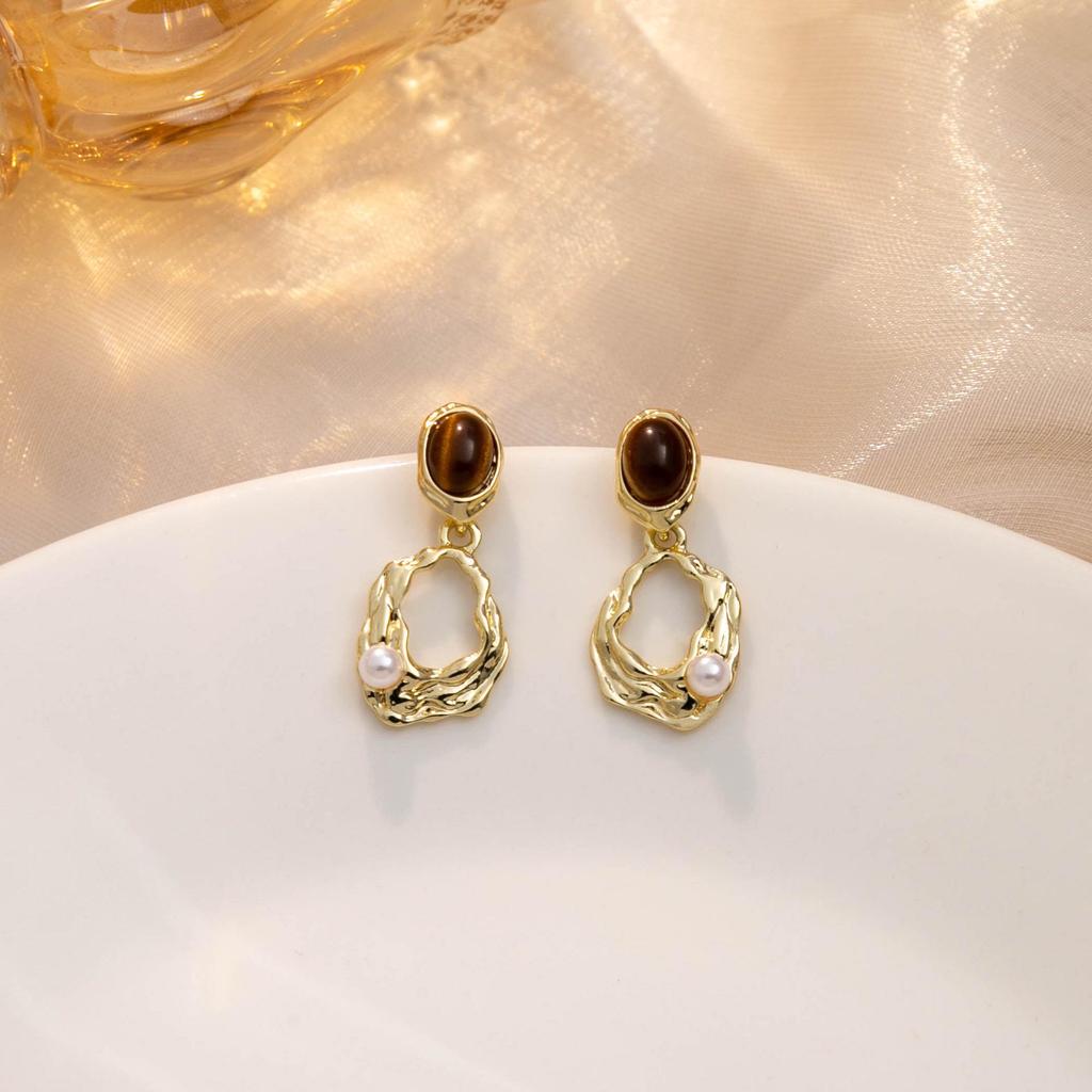 Silver Needle Tiger's Eye 925 Metal Earrings - Retro Hollow Irregular Design