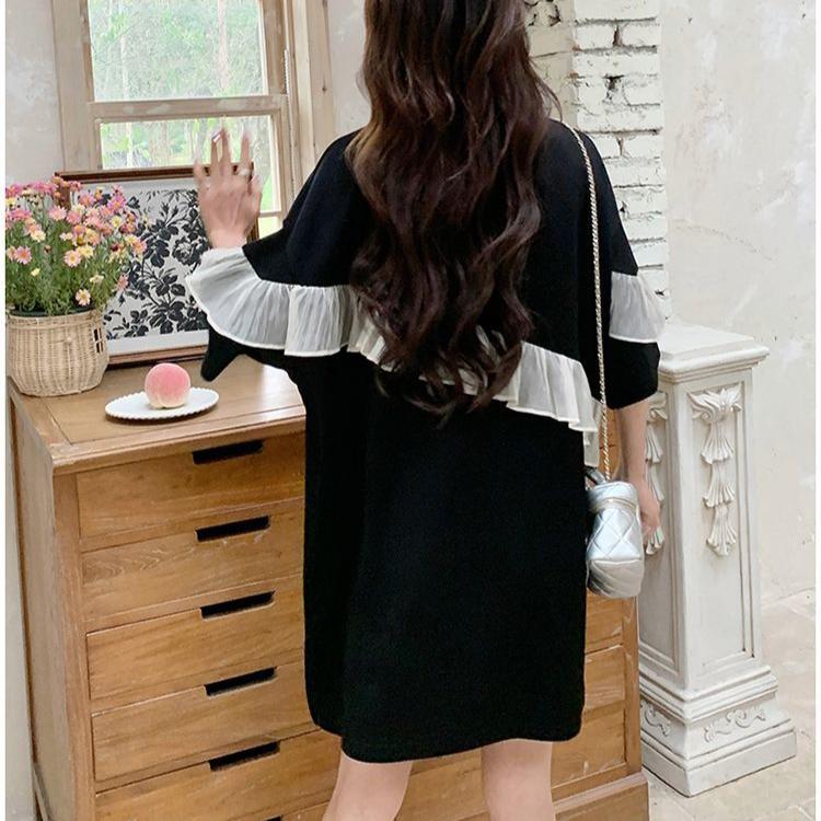 Women Summer Korean Style Black Elegant Mesh Patchwork T-shirts Plus Size Loose Oversized Short Sleeve Tops