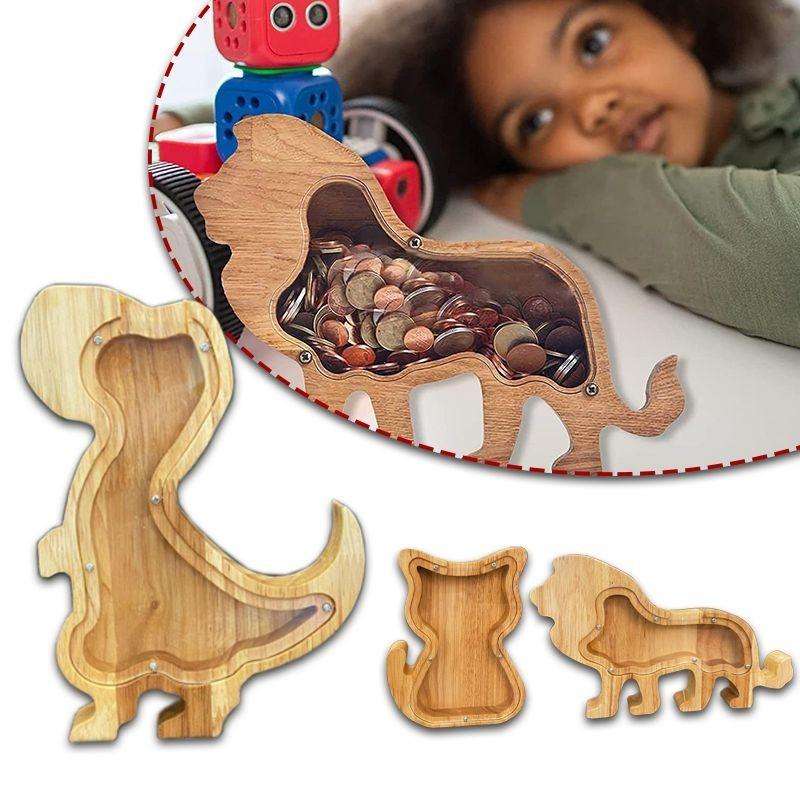 Cute Animals Wooden Money Box Coin Jar Transparent Acrylic Childrens Animal