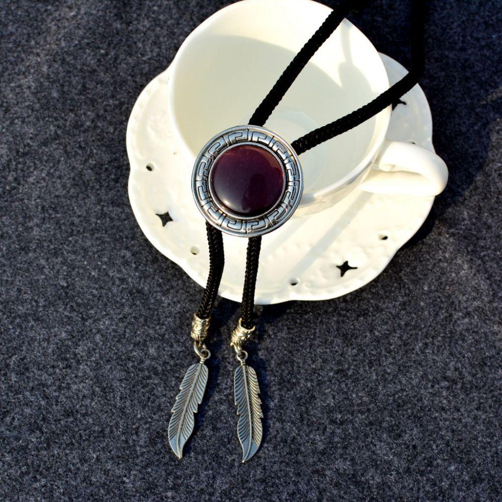Round Bolo Tie Western Cowboy Shirt Imitation Gem Pendant Vintage Star Necklaces For Men Women