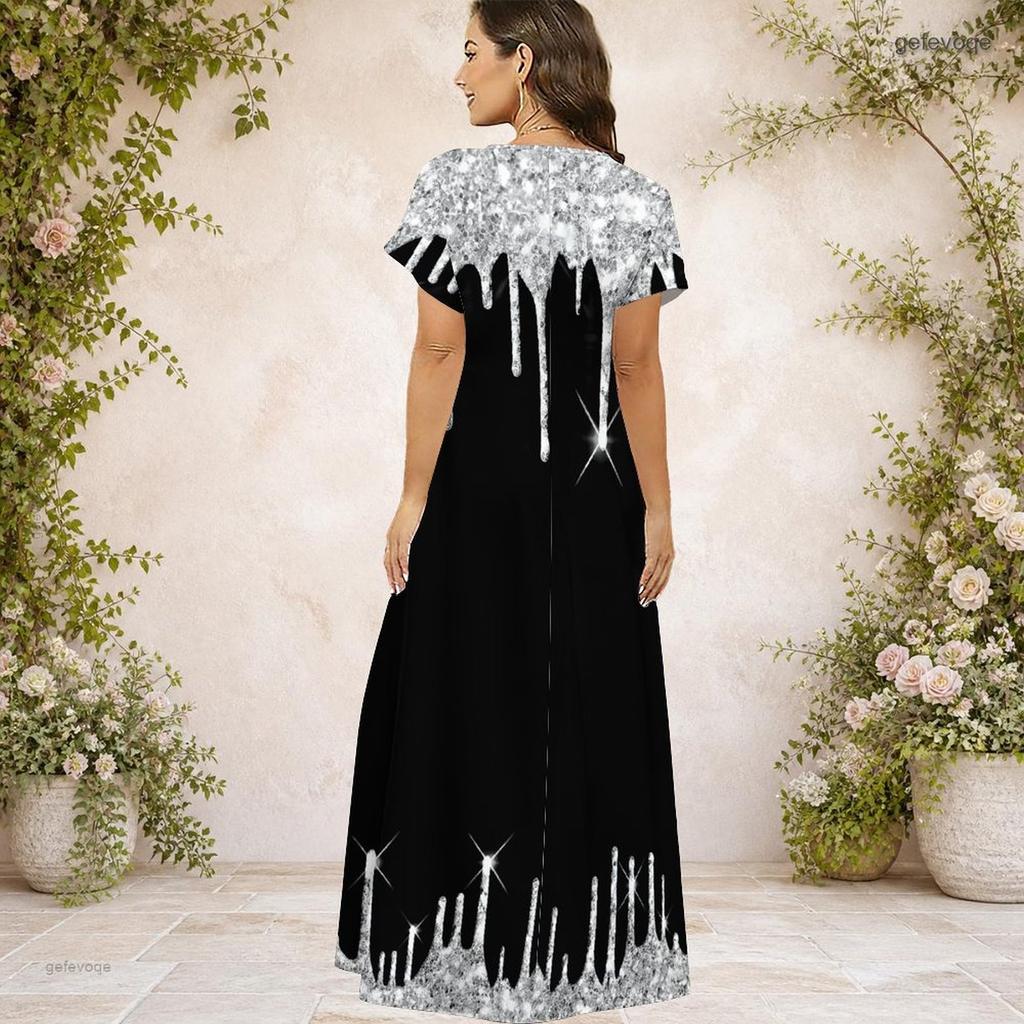 Women Plus Size Black White V Neck Short Sleeve Butterfly Printed Long Dress