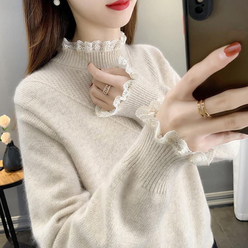 Winter Sweater Women Half High Collar Pullovers Thickened Bottom Sweater Lace Splice Overlay Tops Sweater