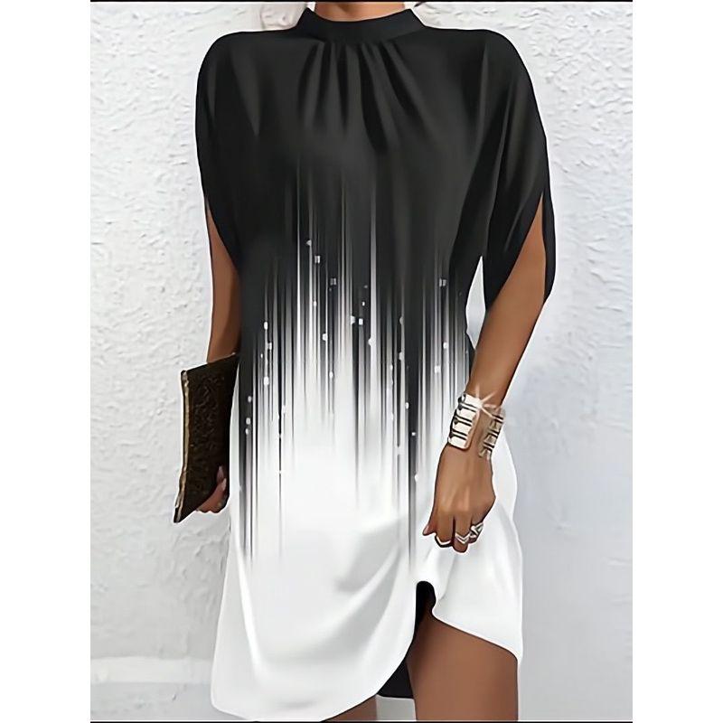

Fashion Shirt-Style Dress Small Print Unlined Long Gown Skirt Mummy Dress Small Cheongsam round Neck Loose Dress Black and White M