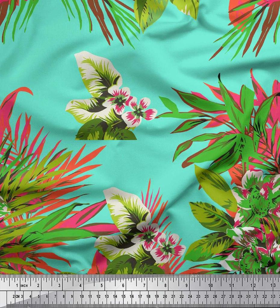 Soimoi Cotton Cambric Fabric Leaves & Lily Flower Print Sewing Fabric Metre 42 Inch
