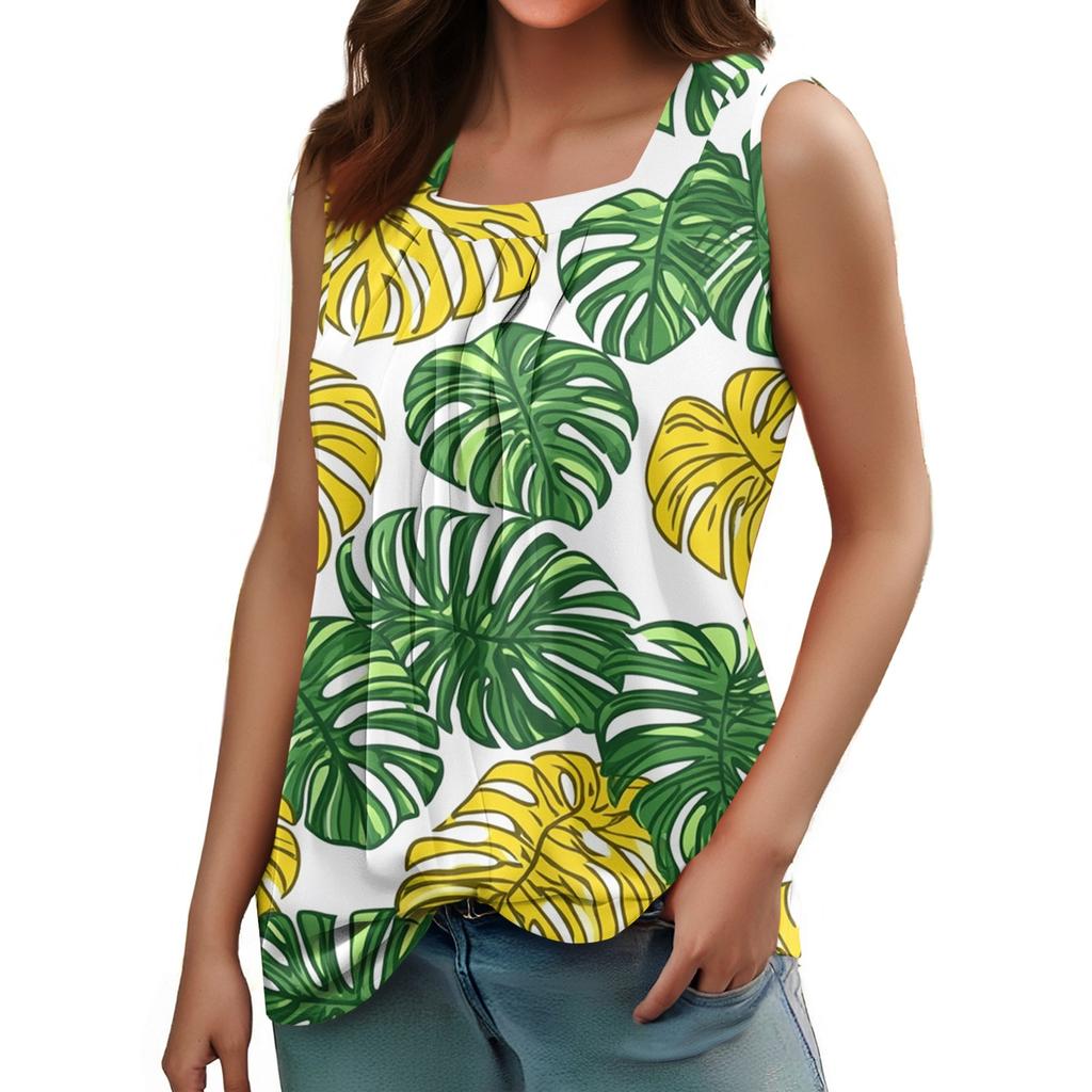 Women's Summer Casual Pleated Square Neck Sleeveless Tank Top Printed T-Shirt