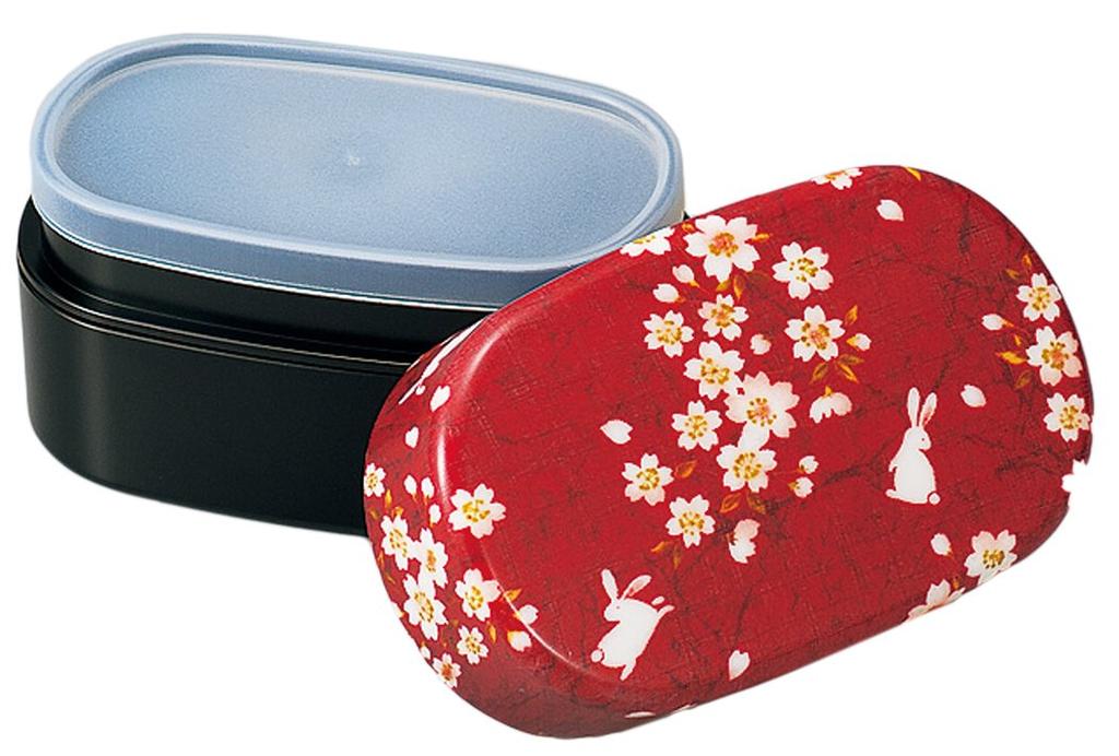 Tatsumiya Sakura Rabbit Kaga Oval Bento 50136 Cloth-covered Box, Red, Size Approx. W15.4 D9.3 H7.4