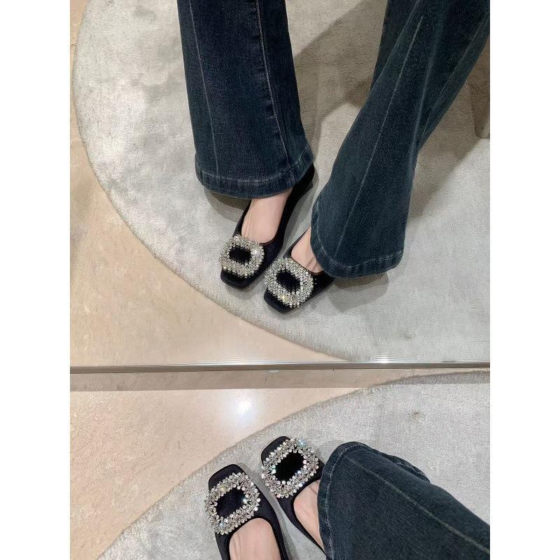 Sheepskin version~ 2025 new high-end Xishi velvet square head rhinestone square buckle shallow mouth single shoes women's thick heel evening shoes
