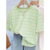 Elegant and fashionable new spring and summer round neck striped loose casual commuting versatile slimming women's top T-shirt