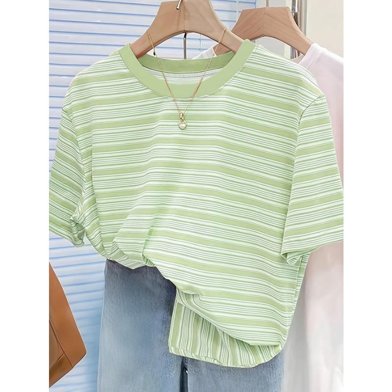 Elegant and fashionable new spring and summer round neck striped loose casual commuting versatile slimming women's top T-shirt