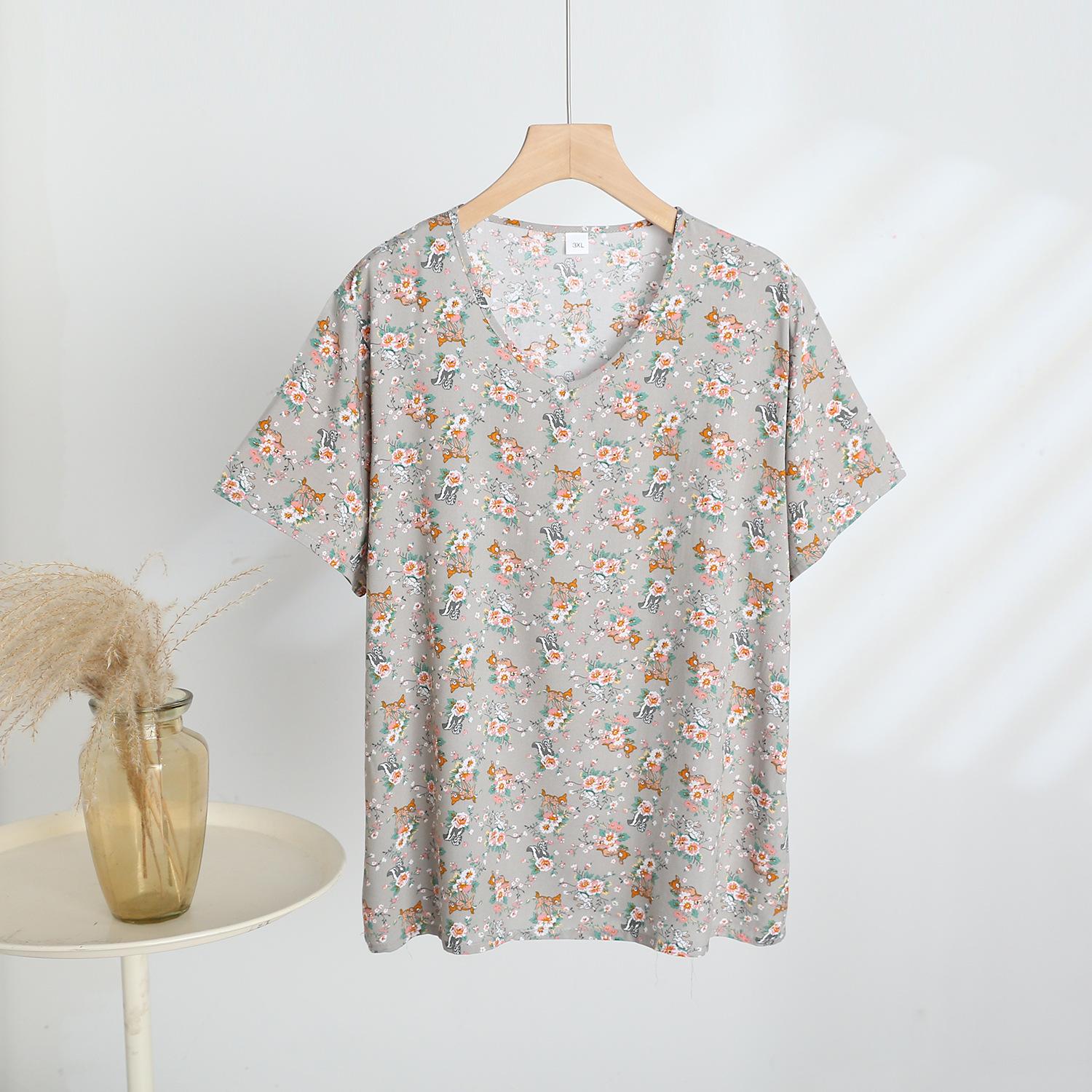 

Летняя хлопково-льняная футболка с цветочным принтом, V-образным вырезом и коротким рукавом 5XL