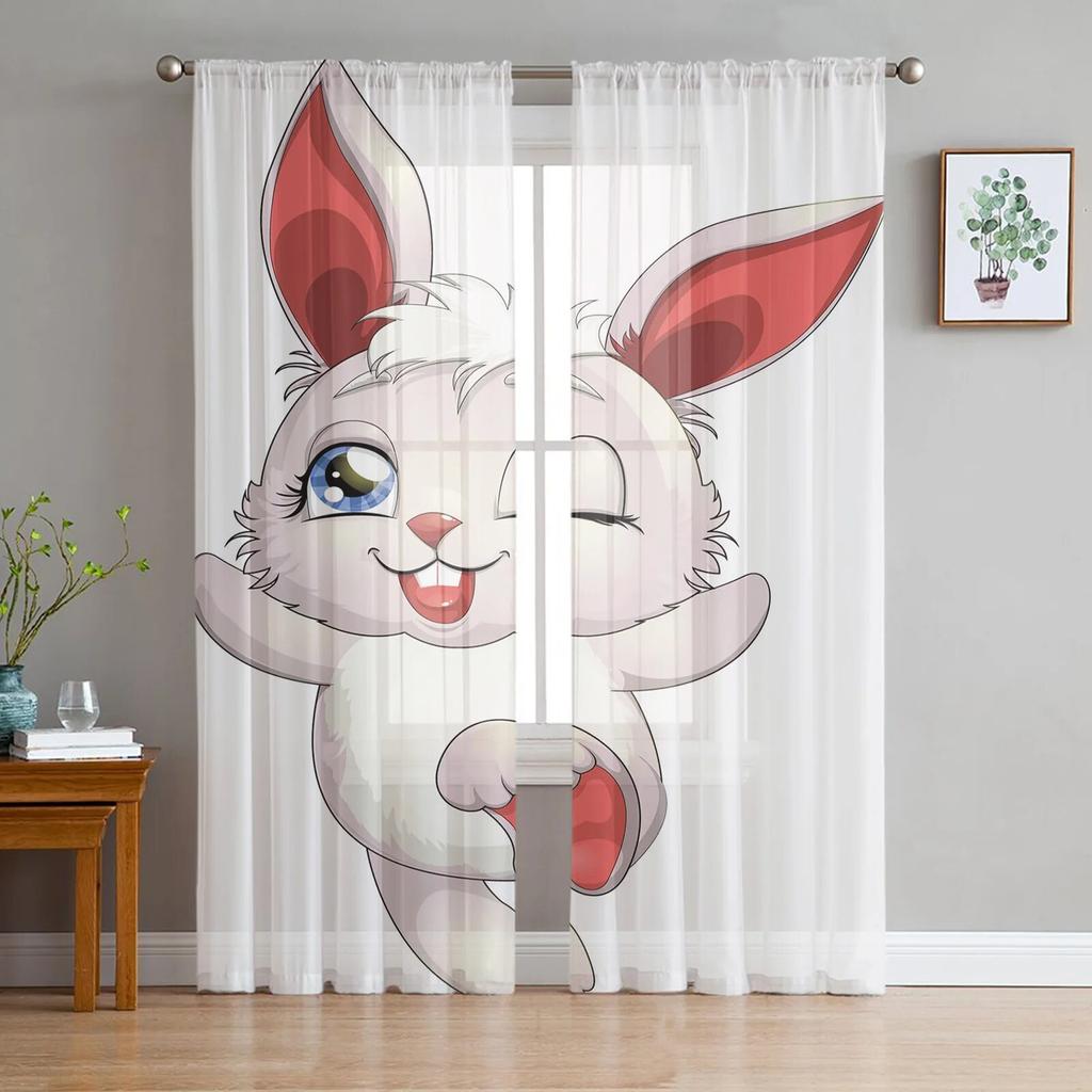 Hase Kaninchen mit Blumen Aquarell durchsichtiger Vorhang für Wohnzimmer moderne Voile Tüll Fenstervorhänge für Schlafzimmer Küche Vorhänge
