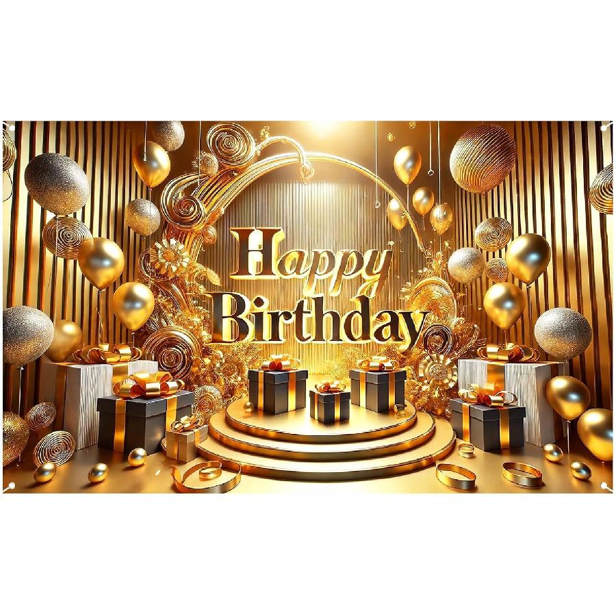 Nuxovilar Happy Birthday Banner Blue Gold Balloons String Lights Polyester Backdrop 43x70.86 Inches - Large Party Birthday Decorations for Photo