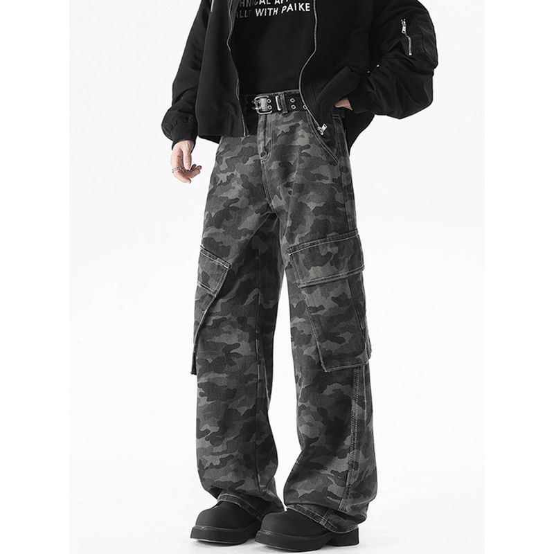 51 Hip-hop Fashion Brand Multi-pockets Camouflage Jeans Men's Vintage Loose Wide Leg Trousers Straight Cargo Pants