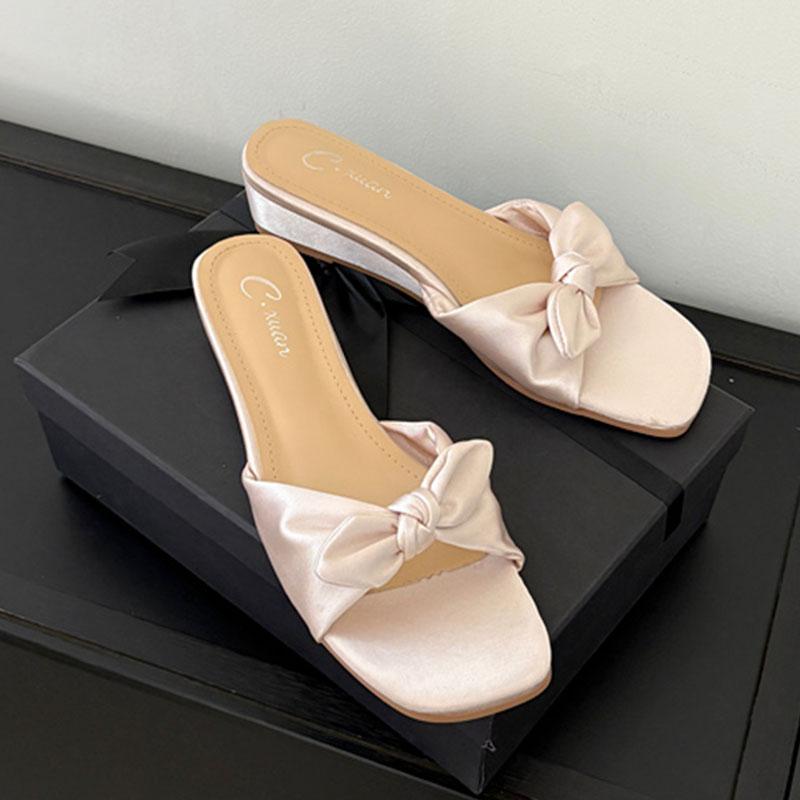 Fashion Female Wedges Footwear Women Low Heel Slippers Shoes Fashion Butterfly-Knot Elegant Ladies Heeled Slippers Sandals Shoes Pumps