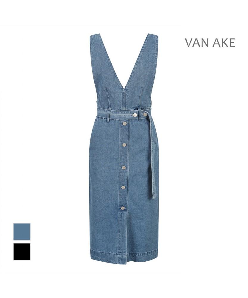 VANAKE Belted V-Neck Denim Dress_Vb44Dou201A