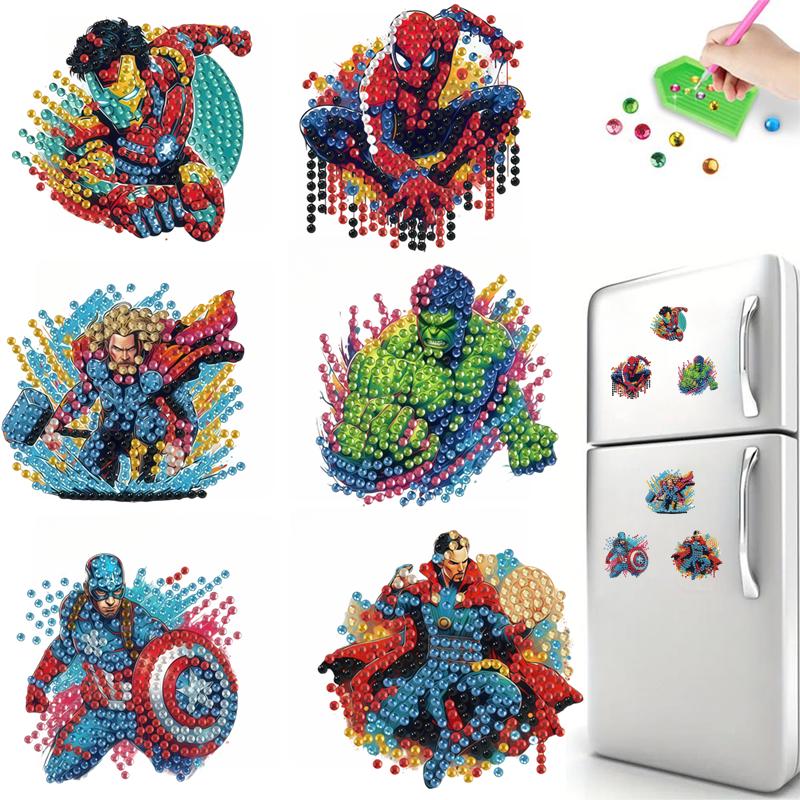 6Pcs Superhero Series Diamond Art Fridge Magnet Diamond Painting Refrigerator Magnet Diamond Painting Fridge Magnet for Adults Beginners
