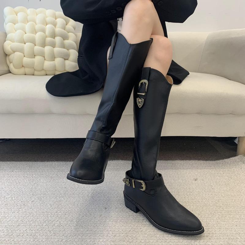 Coarse heel boots women's spring and summer new pointed toe versatile knee boots with skirt knight boots