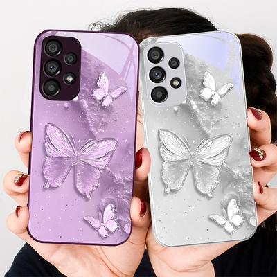 Golden Butterfly Pink For Samsung Galaxy S23 U Ltra 24 Plus S20 21 FE S25 Ultra A70 A72 73 51 52 53 Tempered Glass Phone Case