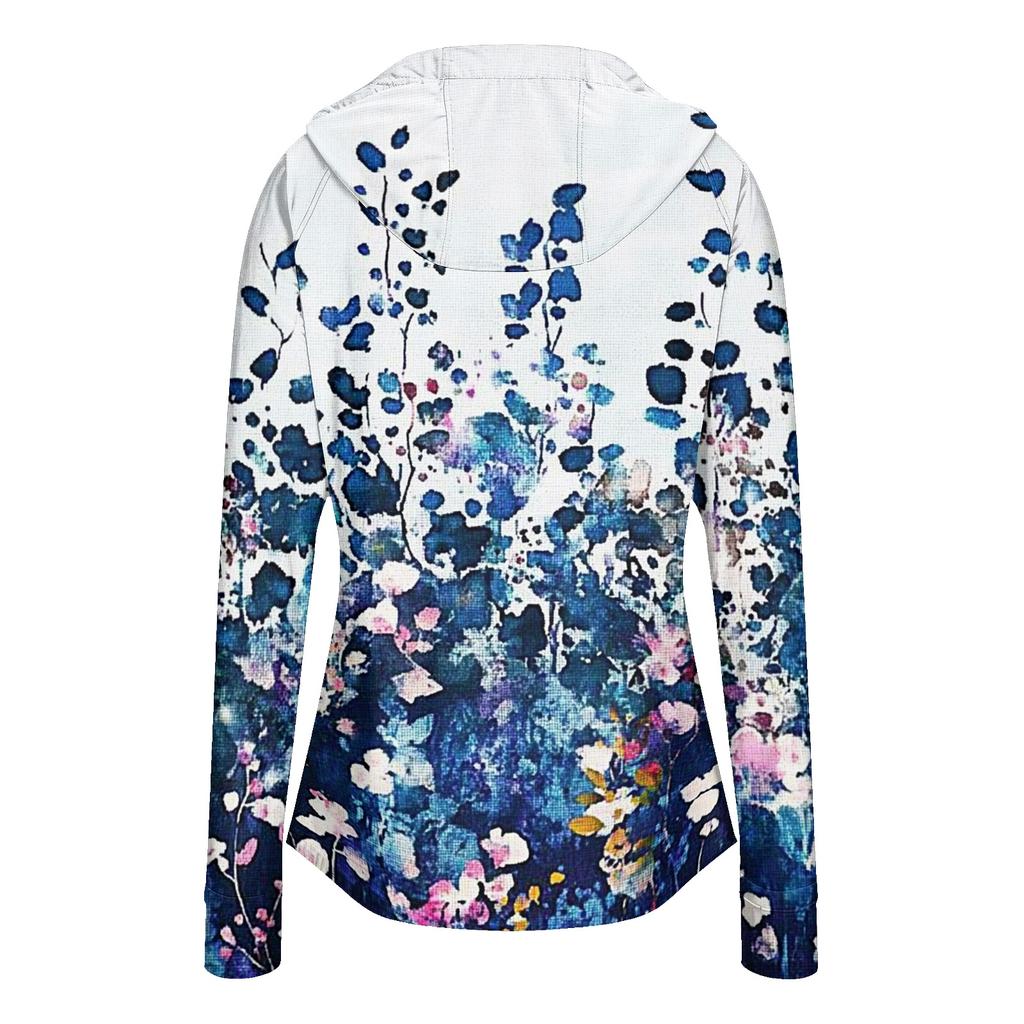 Women's Long Sleeve Hooded Sun Protection Jacket with Zipper Pockets Floral Print Lightweight Outdoor Layering Top