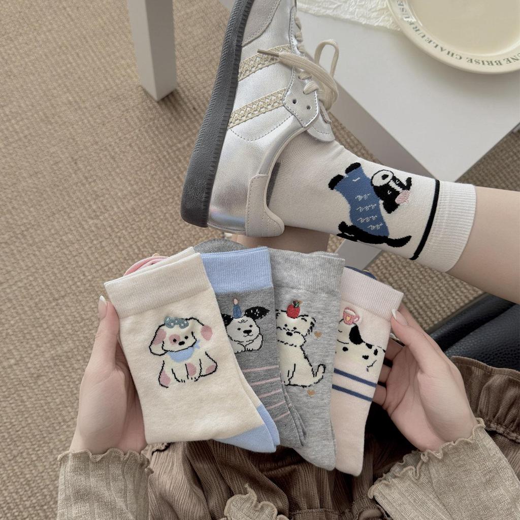 Kawaii 2026 Women's Mid-Calf Cartoon Puppy Cotton Socks - Cute Japanese/Korean Style for Spring/Summer