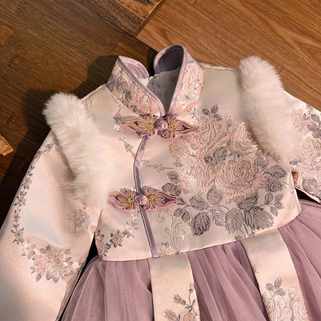 Winter 2025 Girls' Fleece-Lined Hanfu Dress: New Year Fairy Style, Traditional Children's Costume