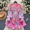 Spring Summer Women Elegant Lantern Sleeve Ruffles Mini Short Princess Holiday Party Dresses With Belt