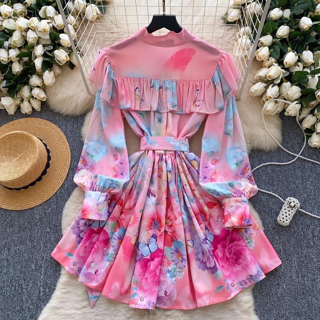 Spring Summer Women Elegant Lantern Sleeve Ruffles Mini Short Princess Holiday Party Dresses With Belt
