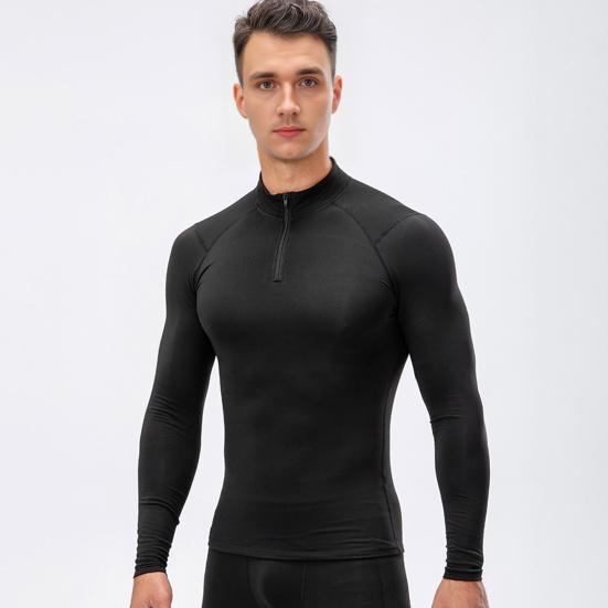 Autumn Winter Men Thermal Top Plush Lining Zipper Stand-up Collar Long Sleeve Shirt Slim Fit Stretch Casual Solid Color Cold Weather Warm Base