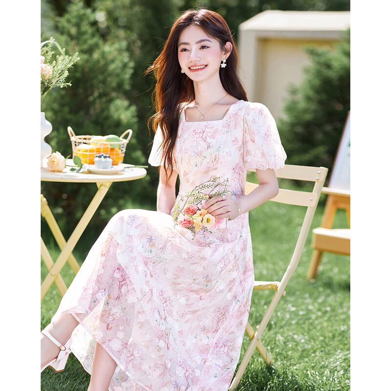 Elegant Square Neck Puff Sleeve A-Line Midi Dress