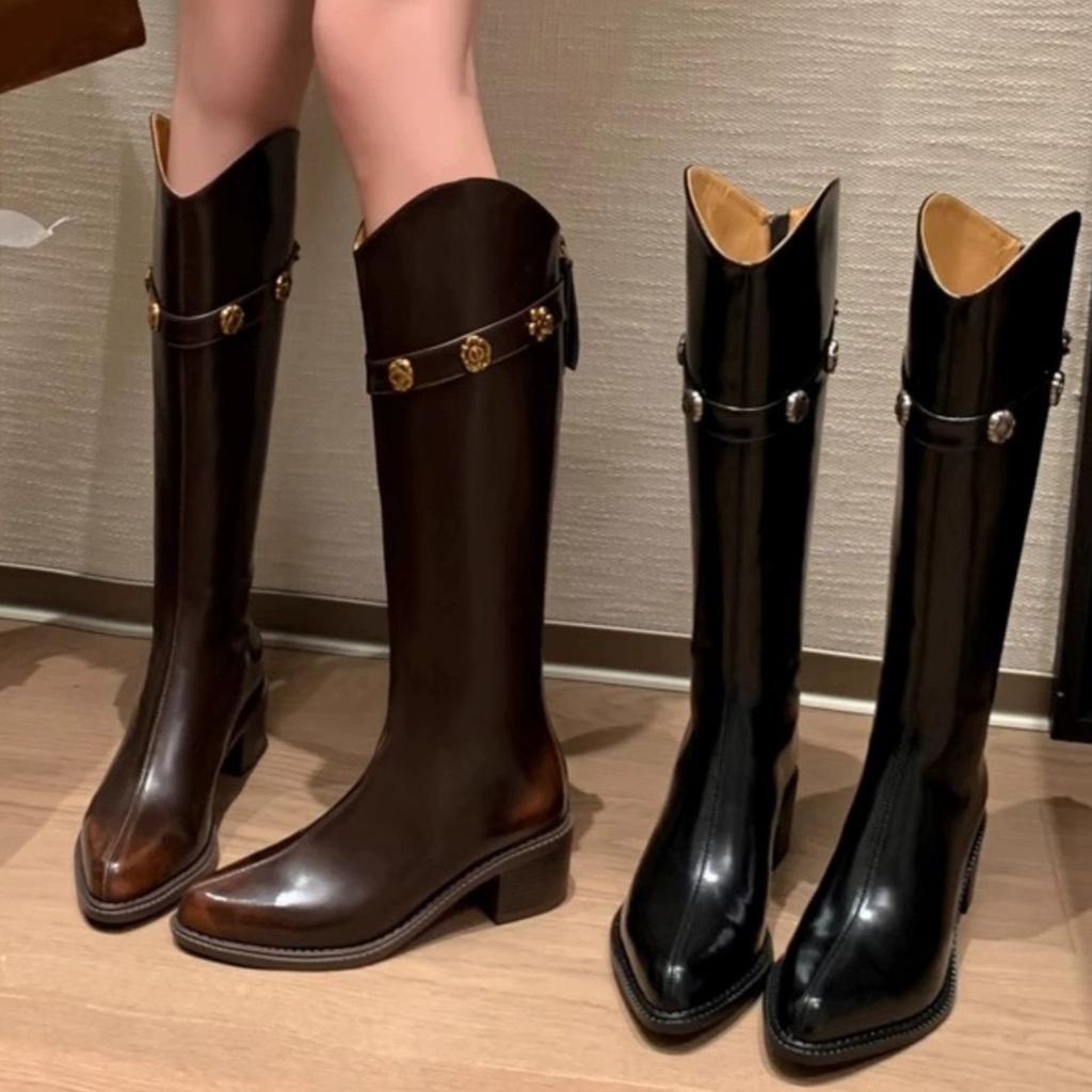 Metal buckle Maillard 2025 new pointed V-mouth straight knight boots women's big tube circumference thin thick heel boots