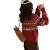 Retro Style Red Christmas Jacquard Knitted Cardigan Women's Autumn and Winter Design Sense Horn Button Crew Neck Sweater Jacket