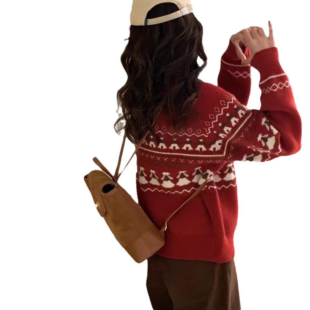 Retro Style Red Christmas Jacquard Knitted Cardigan Women's Autumn and Winter Design Sense Horn Button Crew Neck Sweater Jacket
