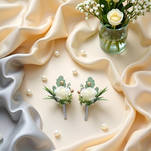 2 Pieces Artificial White Rose Boutonnieres - Elegant Fake Flowers Stay Pristine All Day, Secure Pins Included for Easy Attachment for Wedding